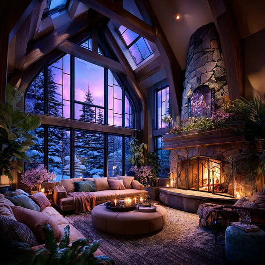 Cozy living room with a A high-ceiling A-frame cabin interior featuring a grand stone fireplace, plush furniture and large windows looking out onto a snowy forest at purple twilight.