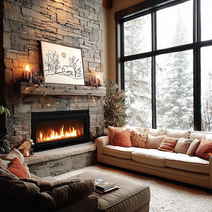 A rustic-modern cozy living room with a large stone fireplace, beige sofa and a tall window showcasing snow-laden pine trees in daylight.