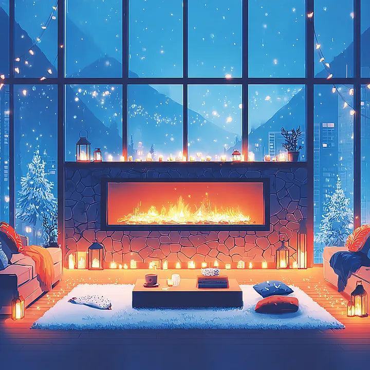 A stylized digital illustration of a cozy living area with a wide glowing fireplace and a view of blue mountains under a starry winter sky.