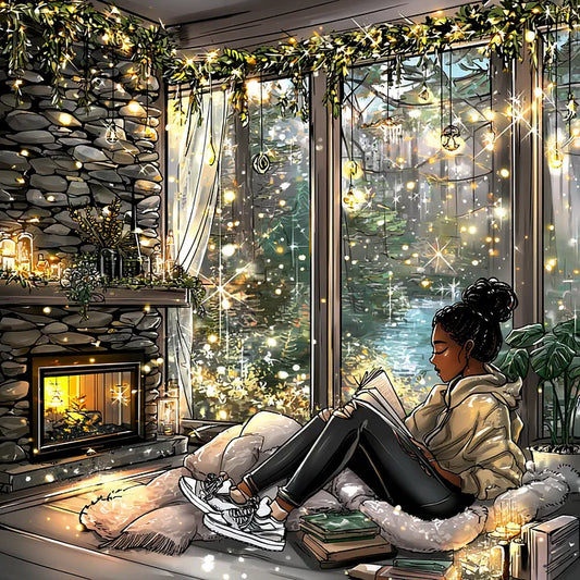 Detailed digital illustration of a person reading on a floor cushion surrounded by warm string lights and a stone wall fireplace, and a snowy window view.
