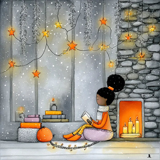 Minimalist hand-drawn illustration of a black woman reading next to a stone fireplace decorated with orange star-shaped string lights.