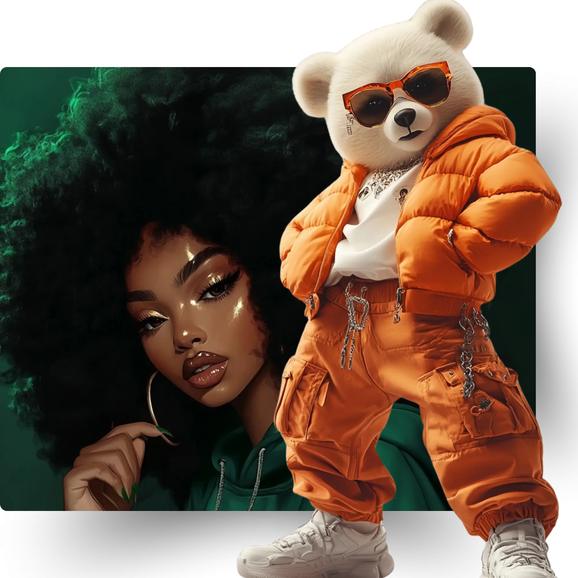 One of the classic Ginger Bears form the Ginger Jay Prompt guide special. behind him a Black woman visionary in hoodie and glasses, holding pen, symbolizing creative planning