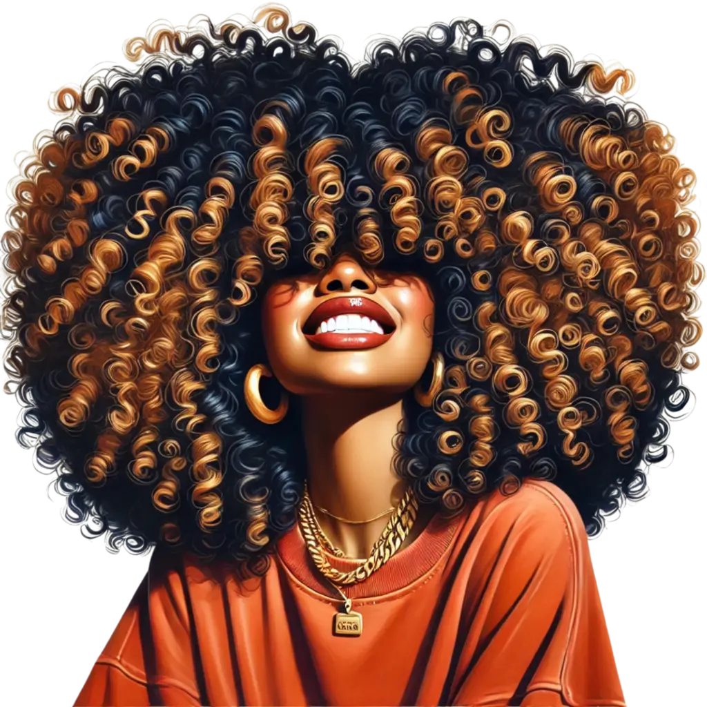A happy black woman business owner with a huge afro with bouncy curls. Affirmed Visionary original