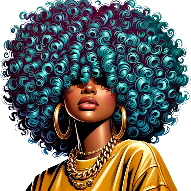 Black woman with vibrant teal and magenta curls wearing gold — representing bold inner expression
