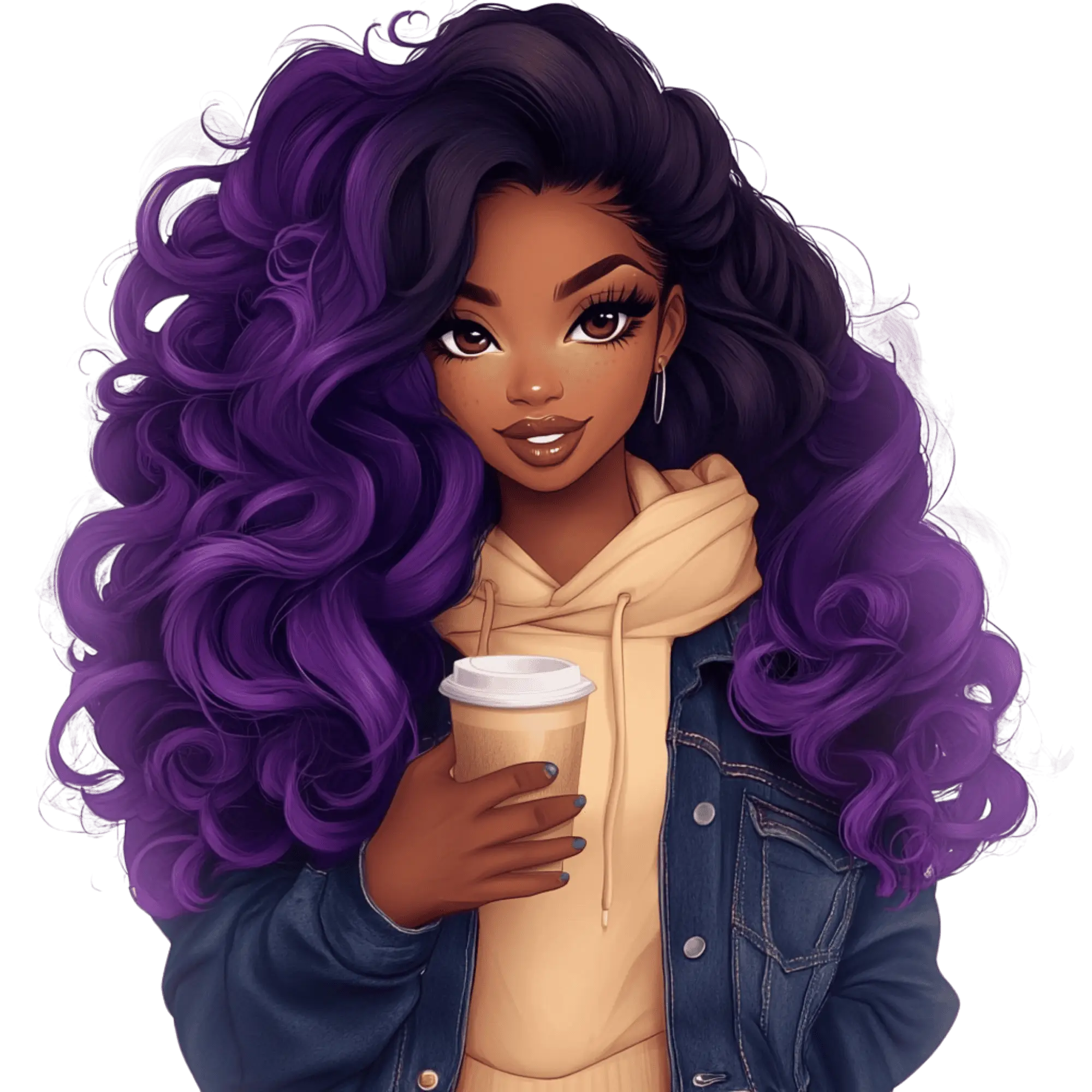 Focused woman with deep violet curls and coffee, embodying soft productivity and intentional flow.