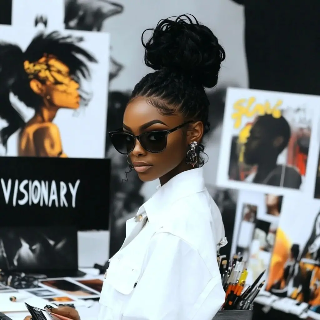 Black woman owned business boss in a creative studio with art every where, paintbrushes and a name plaque that says Visionary