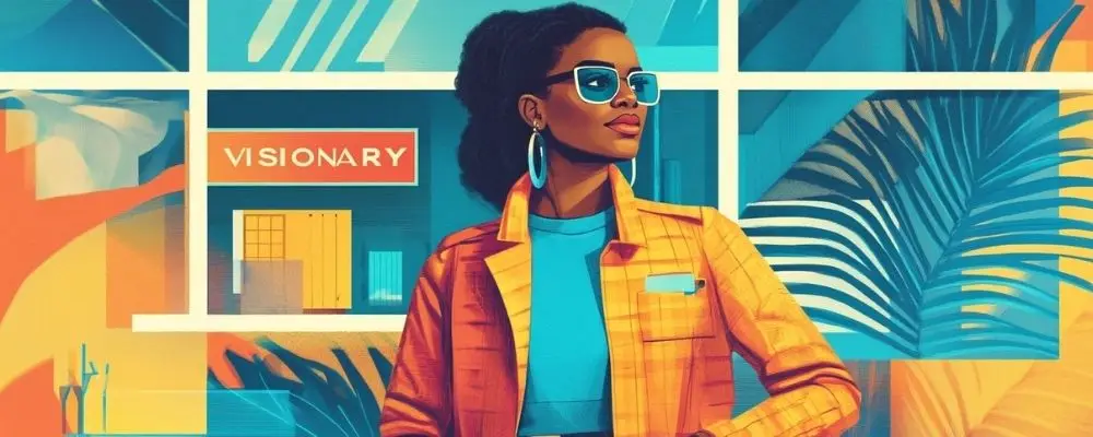 A black woman business owner in the office, the colours are bright and bold. The sign on the bookcase says Visionary
