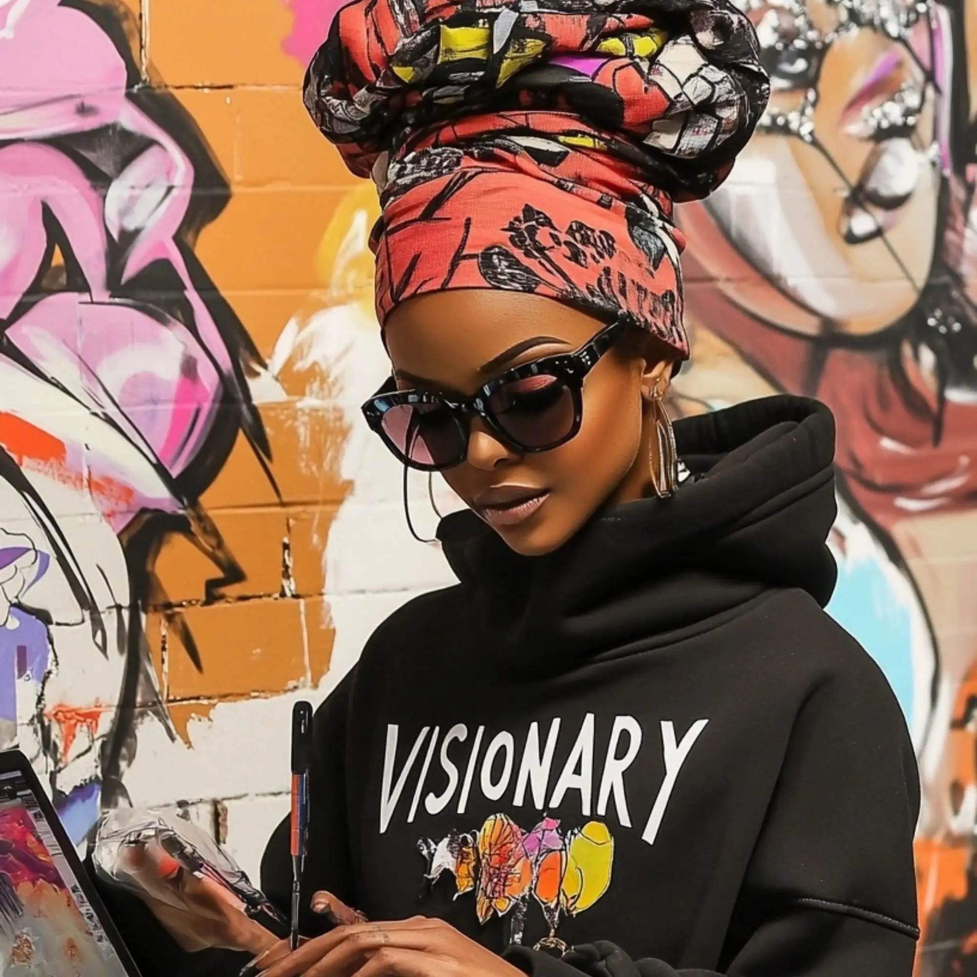 Black Women-Owned business CEO and founder in a black hoodie that reads Visionary,