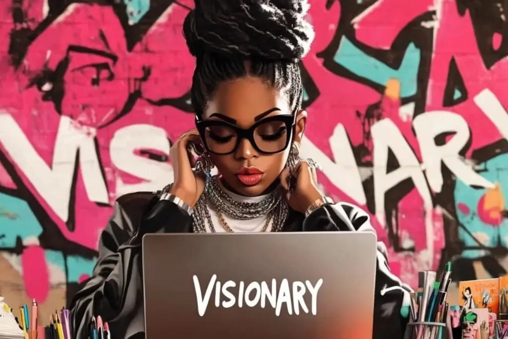 A melenated female boss working at her laptrop working on her black woman owned business on her laptop that has the Word Visionary on the cover