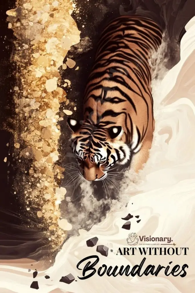 Art Without Boundaries, a stunning tiger crawling in a Mocha Mousse marble sea