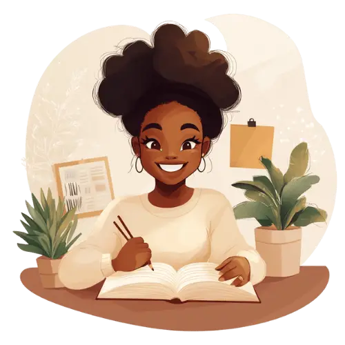 A happy african american woman journaling and Building a Sustainable Business: Empower Your Growth 