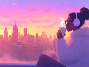Black woman with headphones looking out over a city at sunset, symbolizing rest, reflection, and future intention.