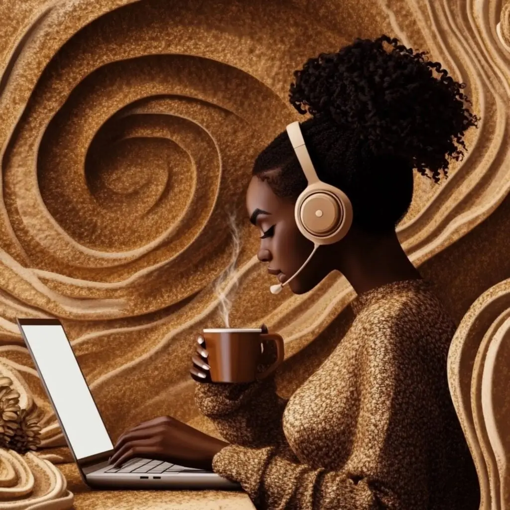 lack woman in cozy sweater and headset, working on a laptop with a warm drink, seated against a rich coffee-toned abstract background — reflecting soulful remote work and digital community.