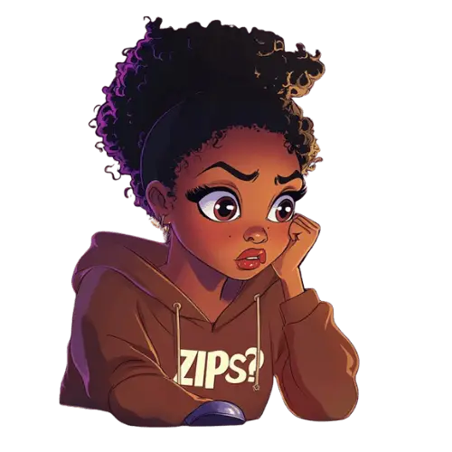 Confused series, african american female cartoon wearing a hoodie with Zips written on it reading How to open a zip files on the Affirmed Visionary website