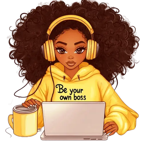 A carbonised black woman in a yellow hoodie with the saying "Be Your Own Boss" and matching Yellow headphones. She is reading the blog How to use Notion templates Like A Pro in 2025