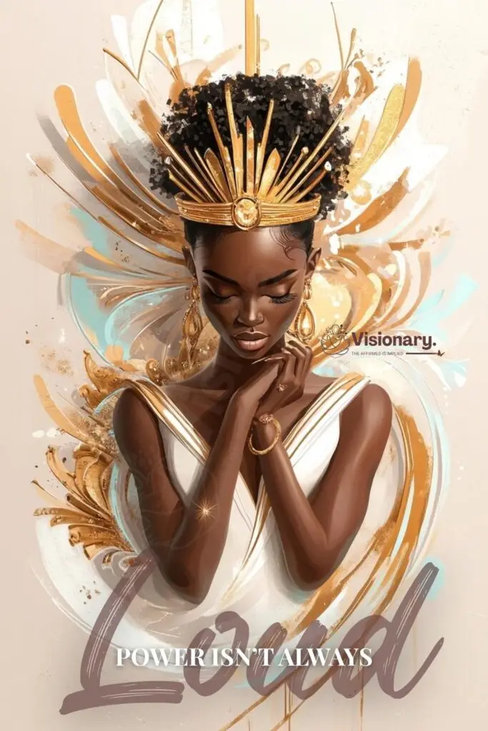 Power isn't always loud, A black melanin woman business owner in a crown, leading from a sanctuary soulful place.