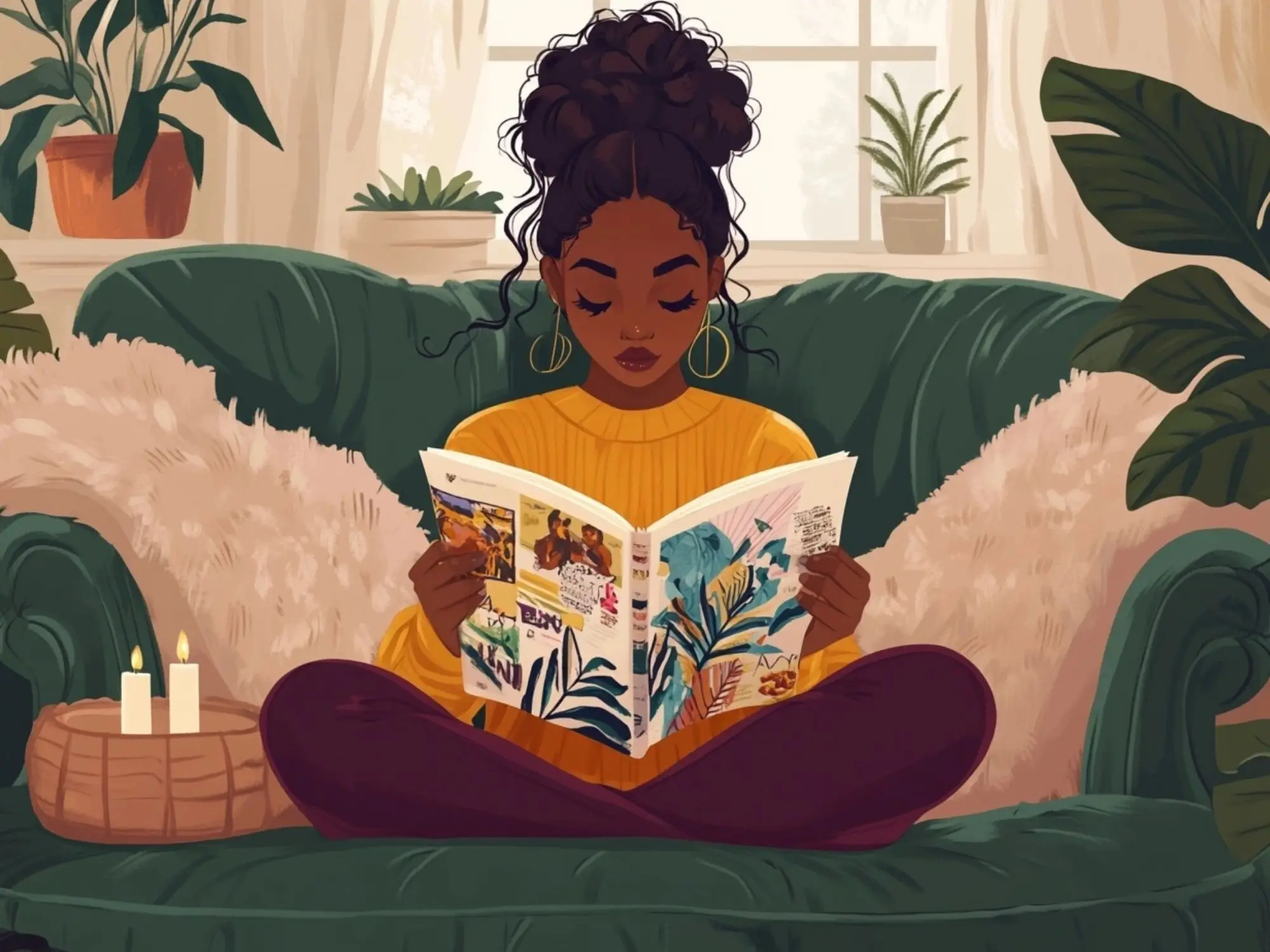 Relaxed Black woman in a cozy setting, reading the Visionary Starter Kit — ideal for reflecting, planning, and goal-setting.