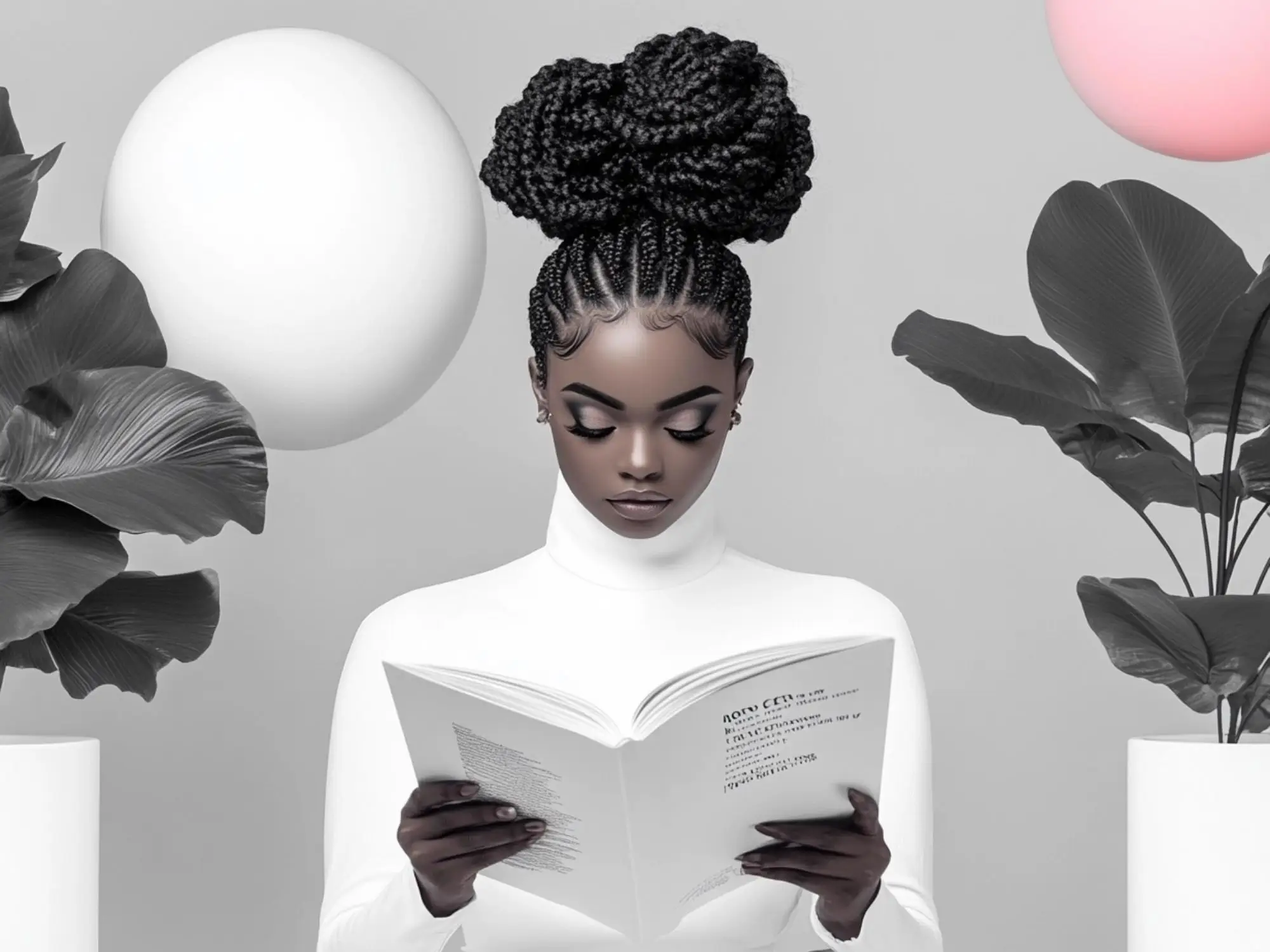 Monochrome photo of a poised Black woman in a modern setting reading a minimalist-style magazine about AI, capturing elegance and intellect.