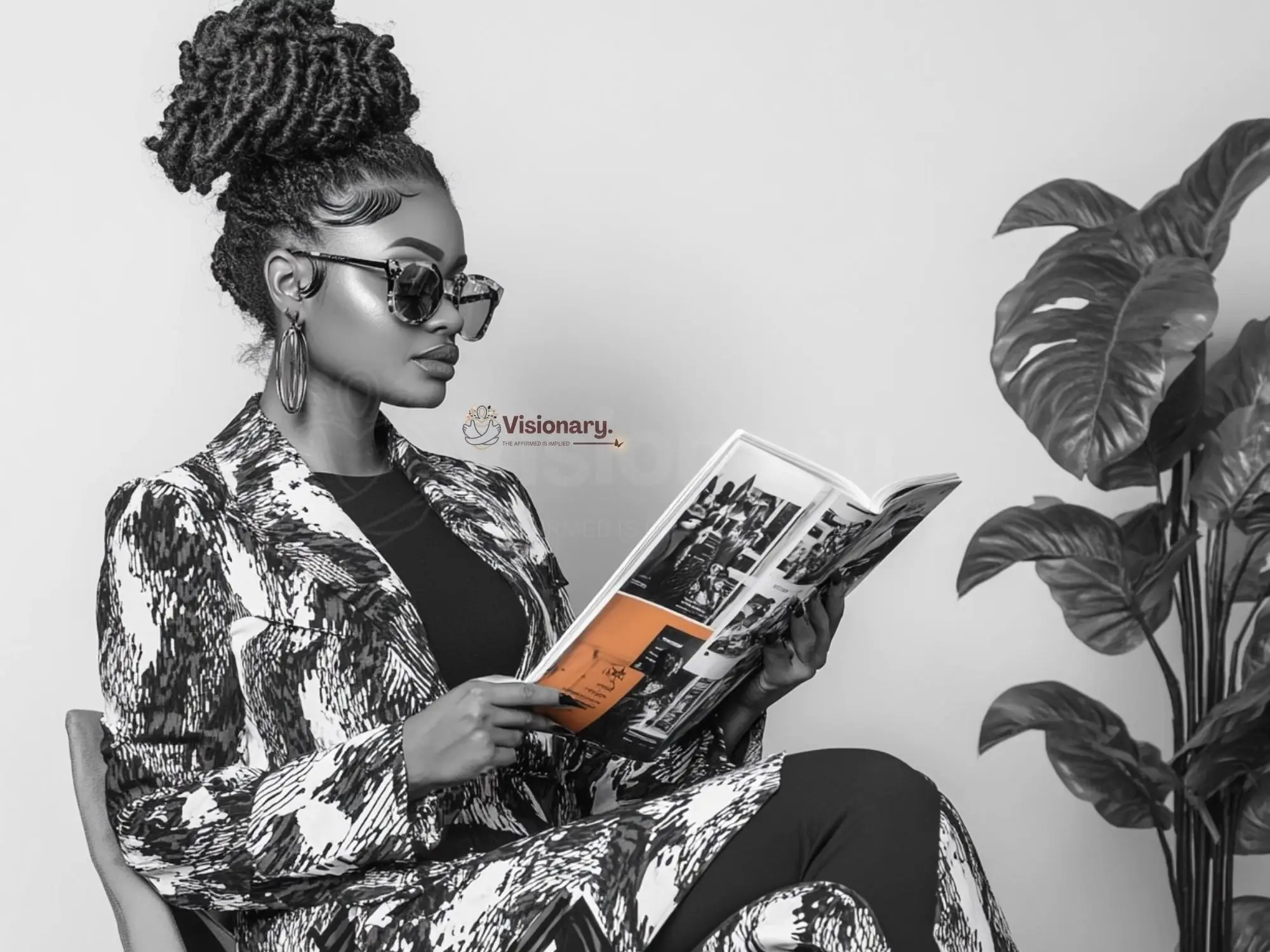 Monochrome photo of a poised Black woman in a modern setting reading a minimalist-style magazine, capturing elegance and intellect.