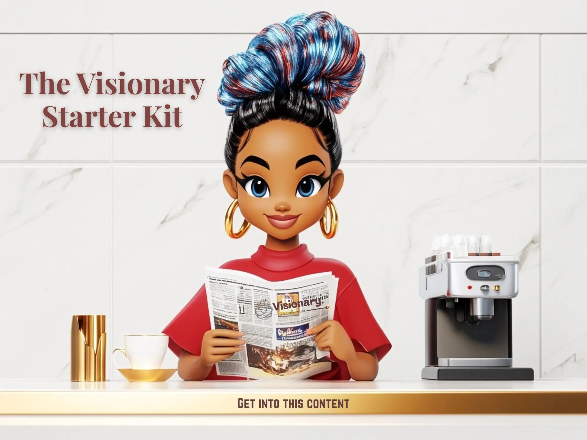 A Cartoon black female boss reading The Visionary Starter kit a Digital Magazine for creatives